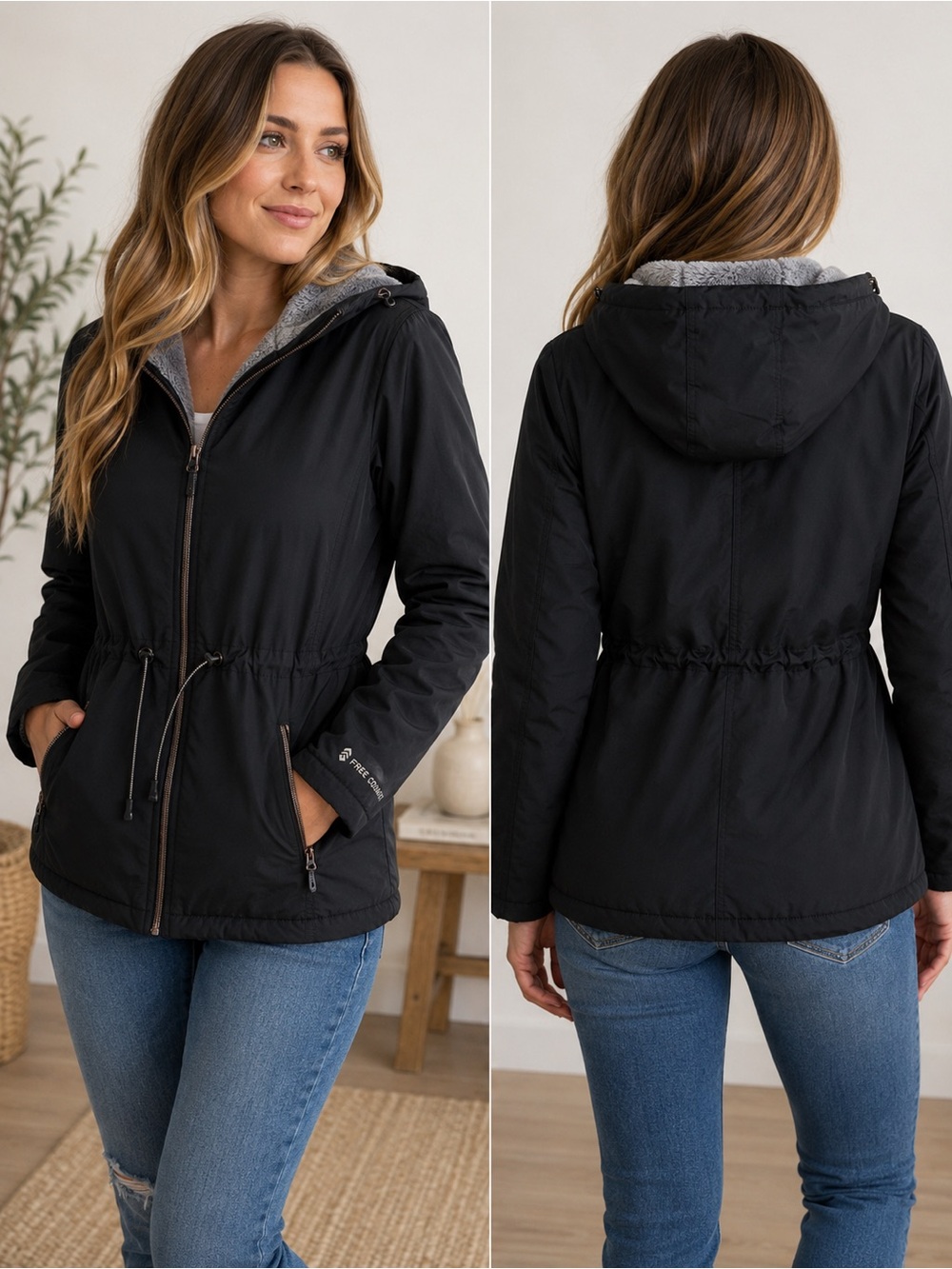 Free Country Black Hooded Fleece Lined Jacket | Women’s Small | Adjustable Waist